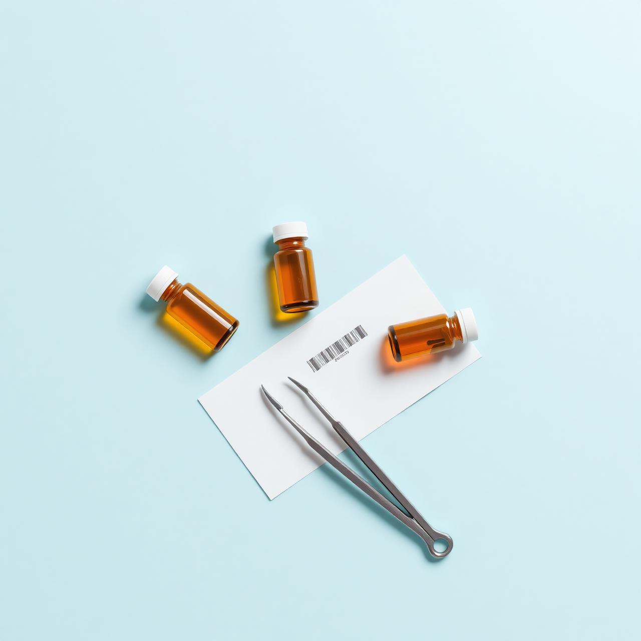 Laboratory flat lay with research vials and documentation